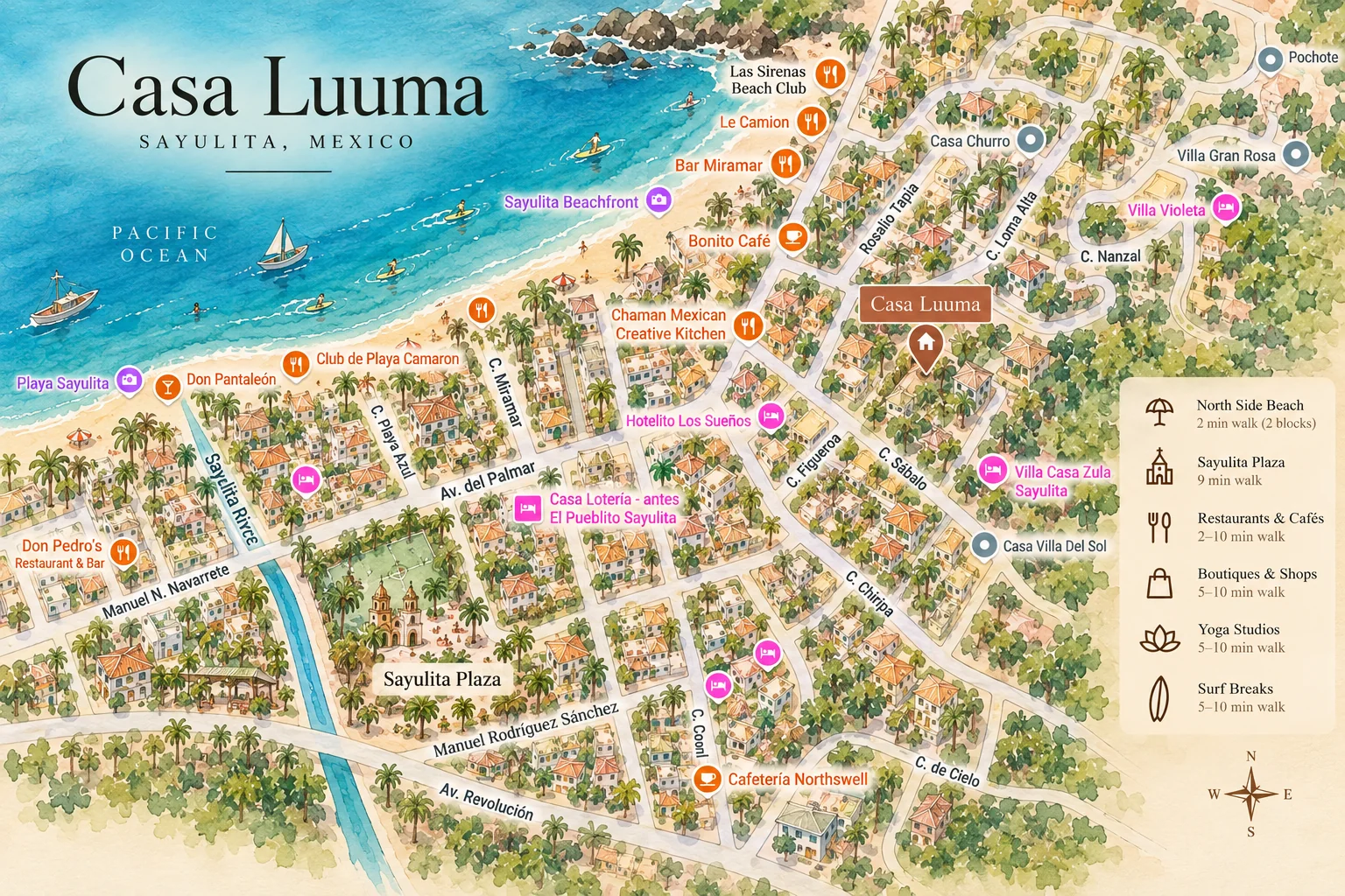 Illustrated watercolor neighborhood map showing Casa Luuma, Sayulita Plaza, North Side Beach, and local landmarks
